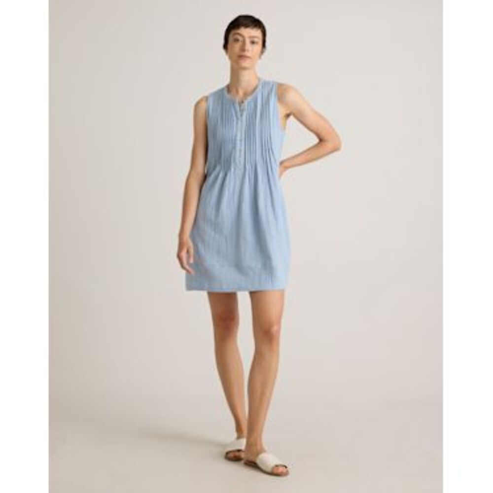 Quince Light Blue Sleeveless Pintuck Shift Dress